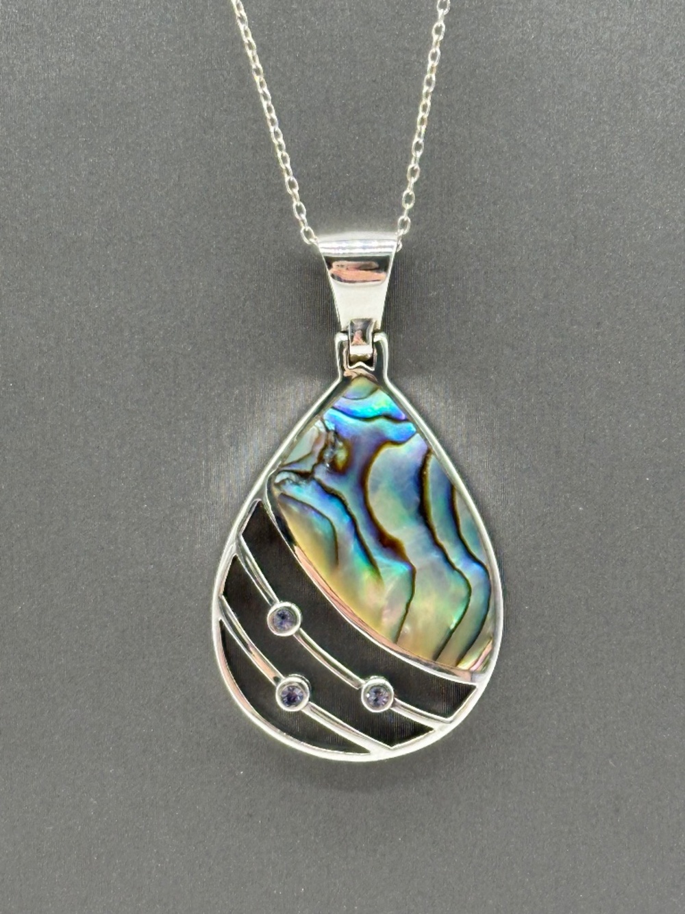 Sterling Silver Teardrop Abalone Shell Pendent Amaethyst Accents 21"